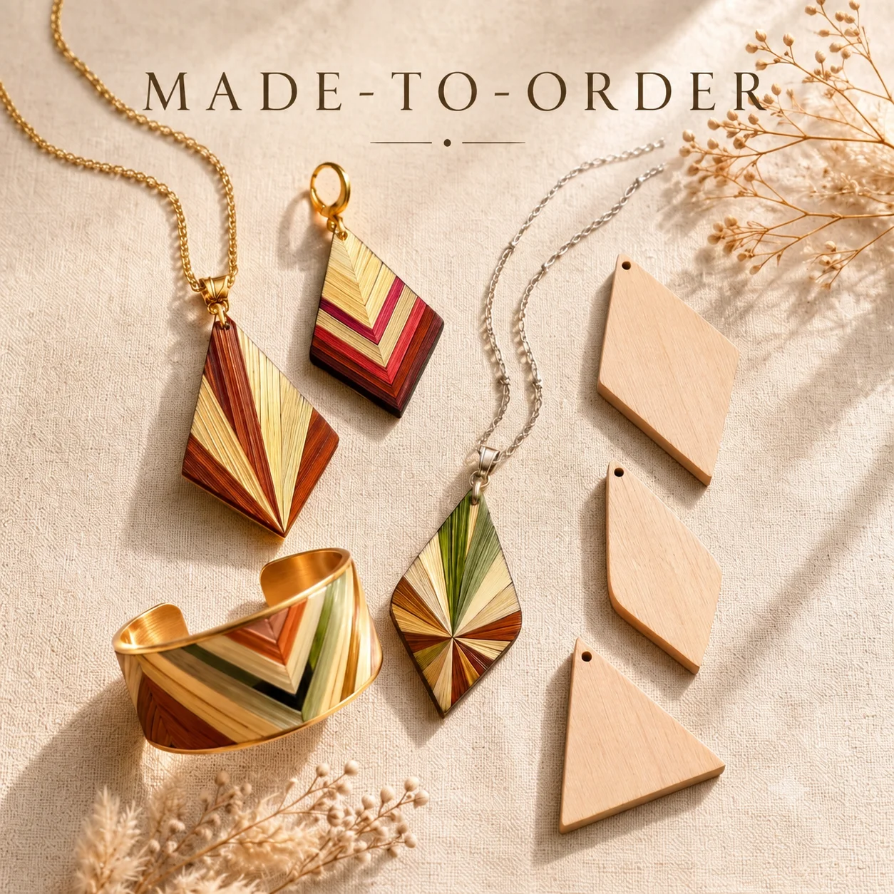 Made-to-order straw marquetry jewellery — cuff bracelet, long necklace or earrings inlaid with straw by Atelier Mayati
