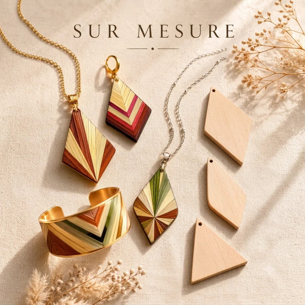 Bijou sur mesure en marqueterie de paille — bracelet manchette, sautoir ou boucles d'oreilles marqueté de paille par l'Atelier Mayati