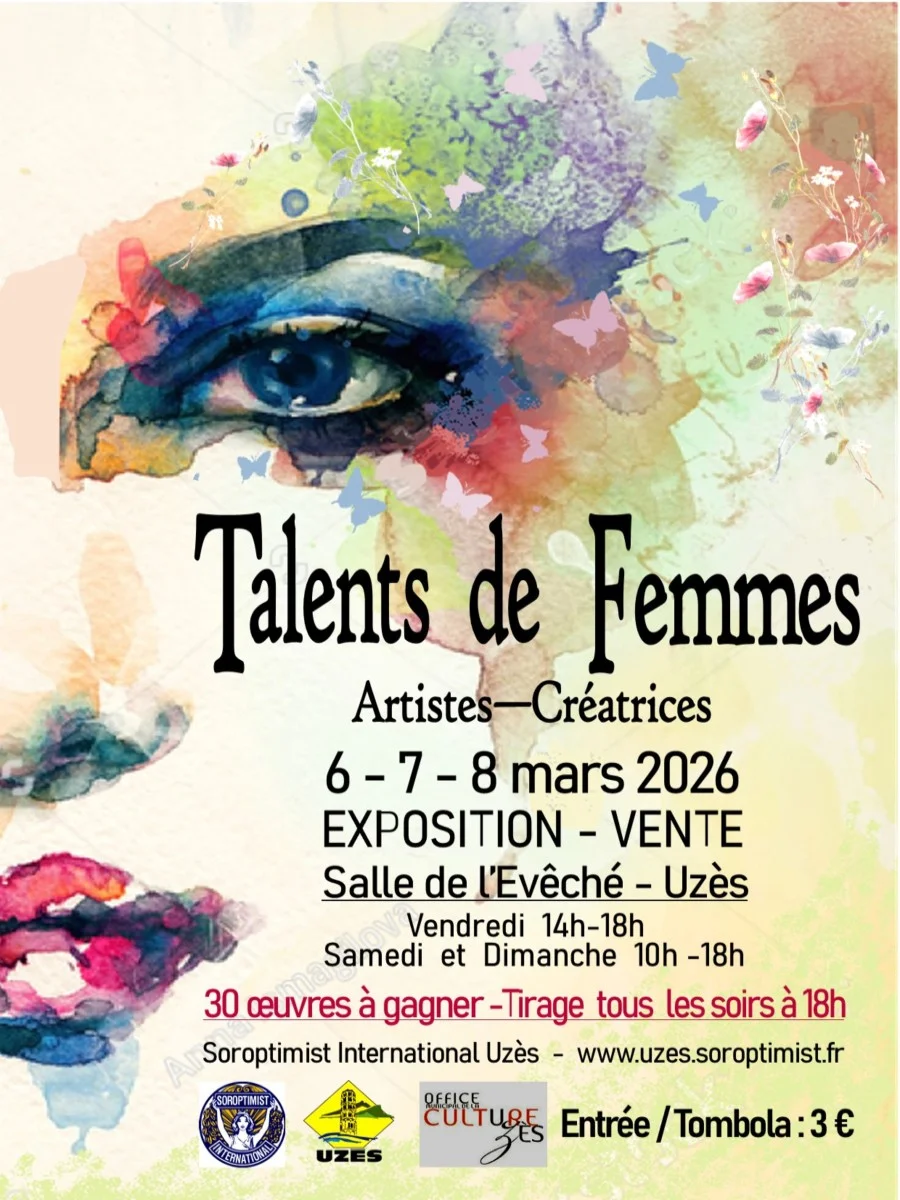 Affiche du salon Talents de Femmes 2026 à la Salle de l'Évêché d'Uzès — exposantes artisanes et créatrices