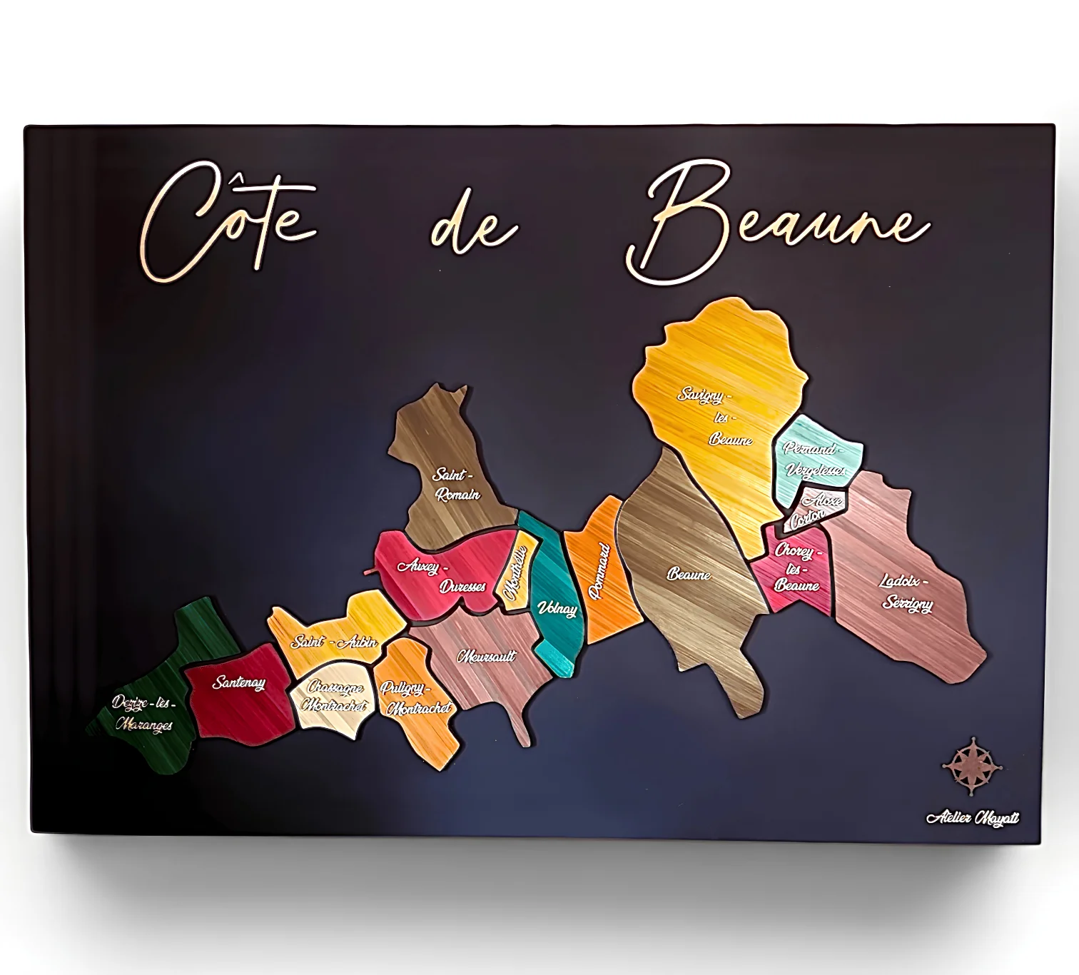 Pièces sur mesure en marqueterie de paille de seigle — Côte de Beaune, panneau en relief sur fond peint, 100 × 72 cm
