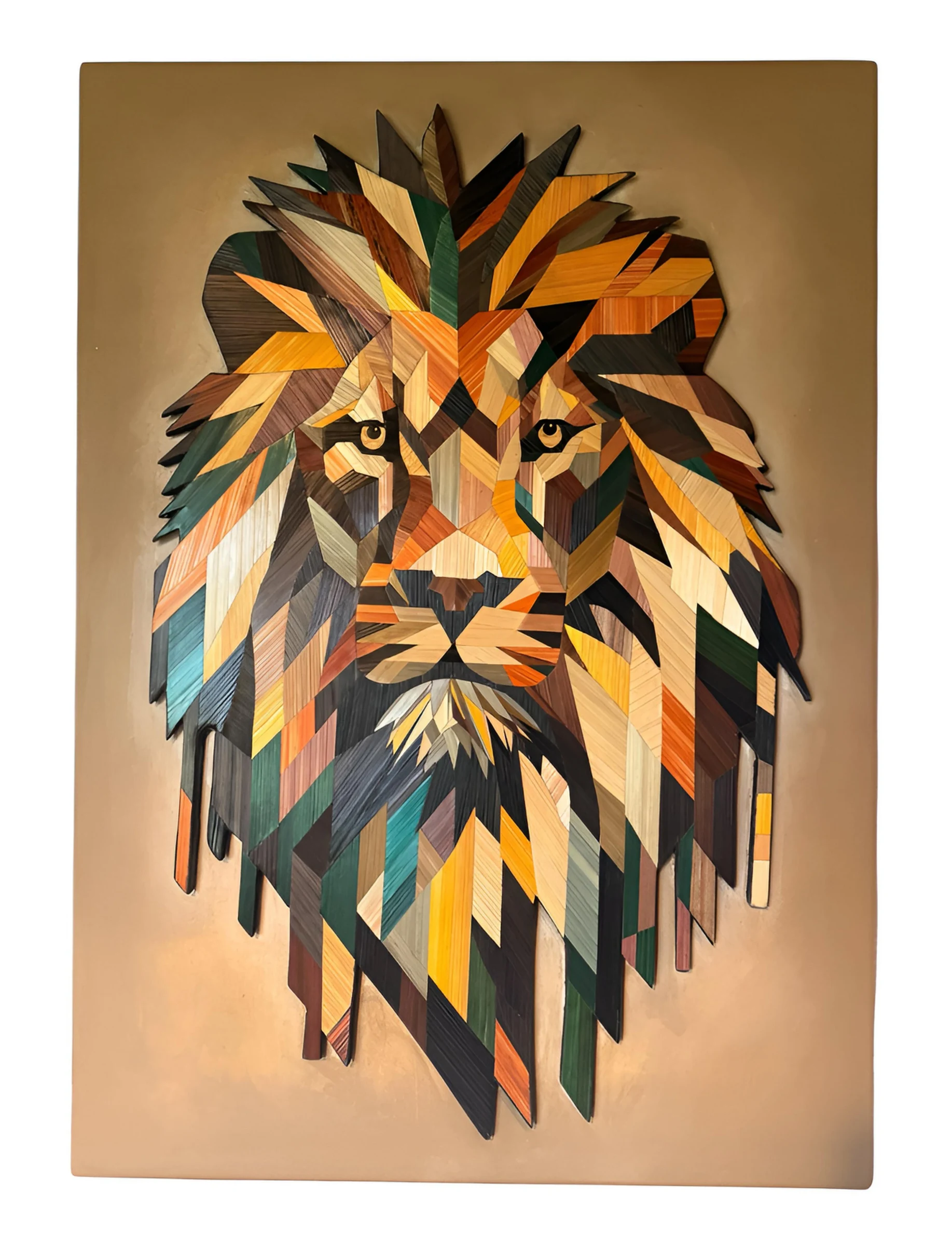 Portraits en marqueterie de paille de seigle — détail du Lion, 50 × 70 cm