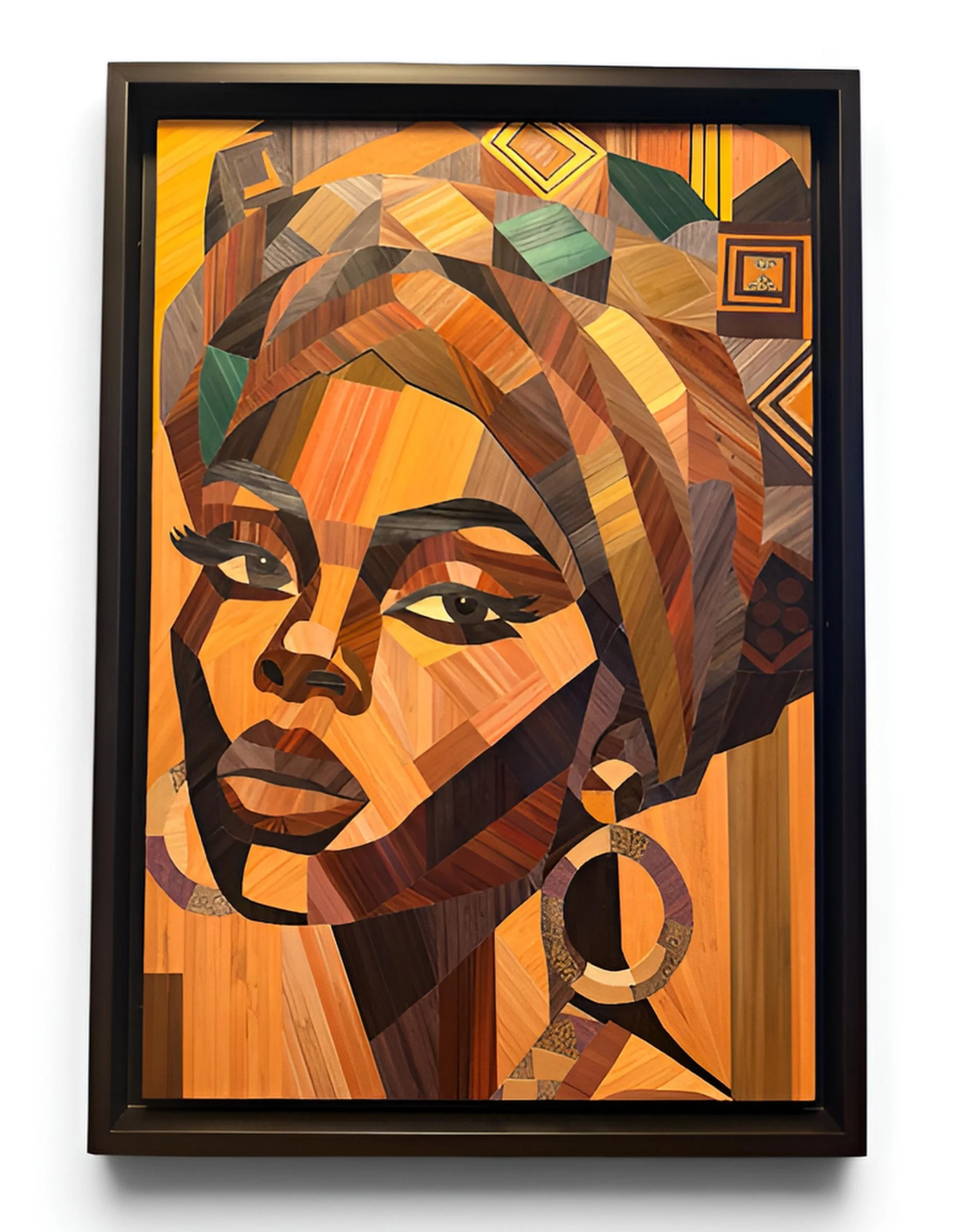Éclat d'ébène, portrait en marqueterie de paille de seigle, cuir et feuille d'or, 63 x 90 cm